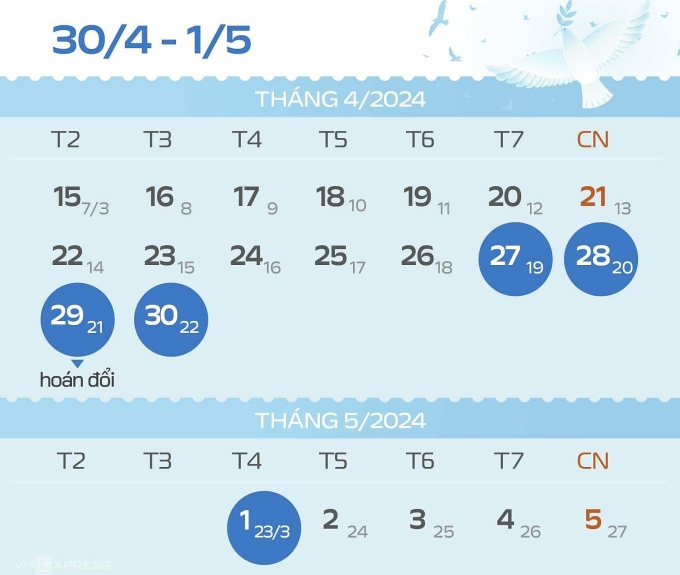 Dự kiến đề xuất các ngày nghỉ lễ dịp 30.4 1.5